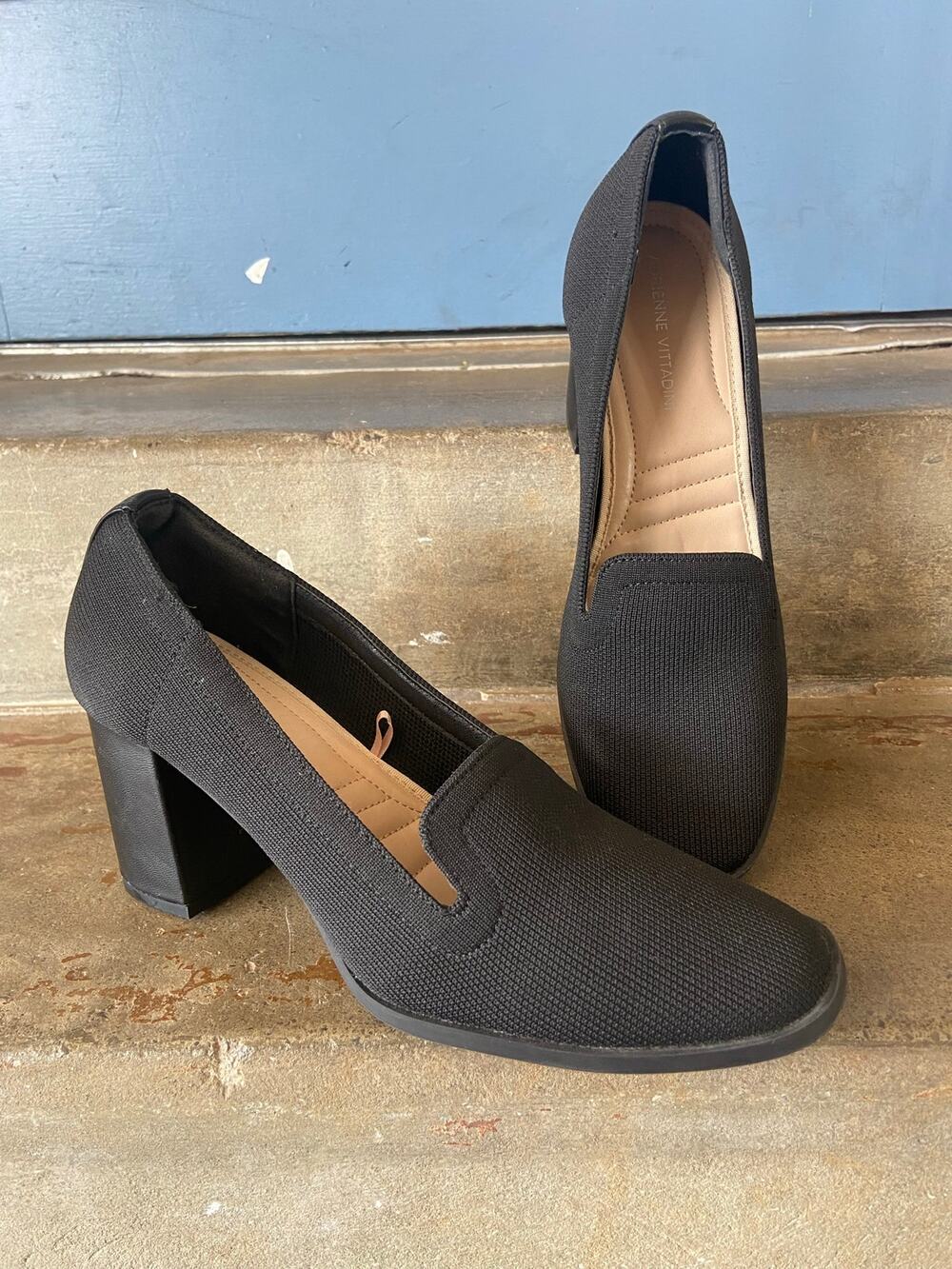 Adrienne Vittidini black knit squared toe heel loafer style pump
